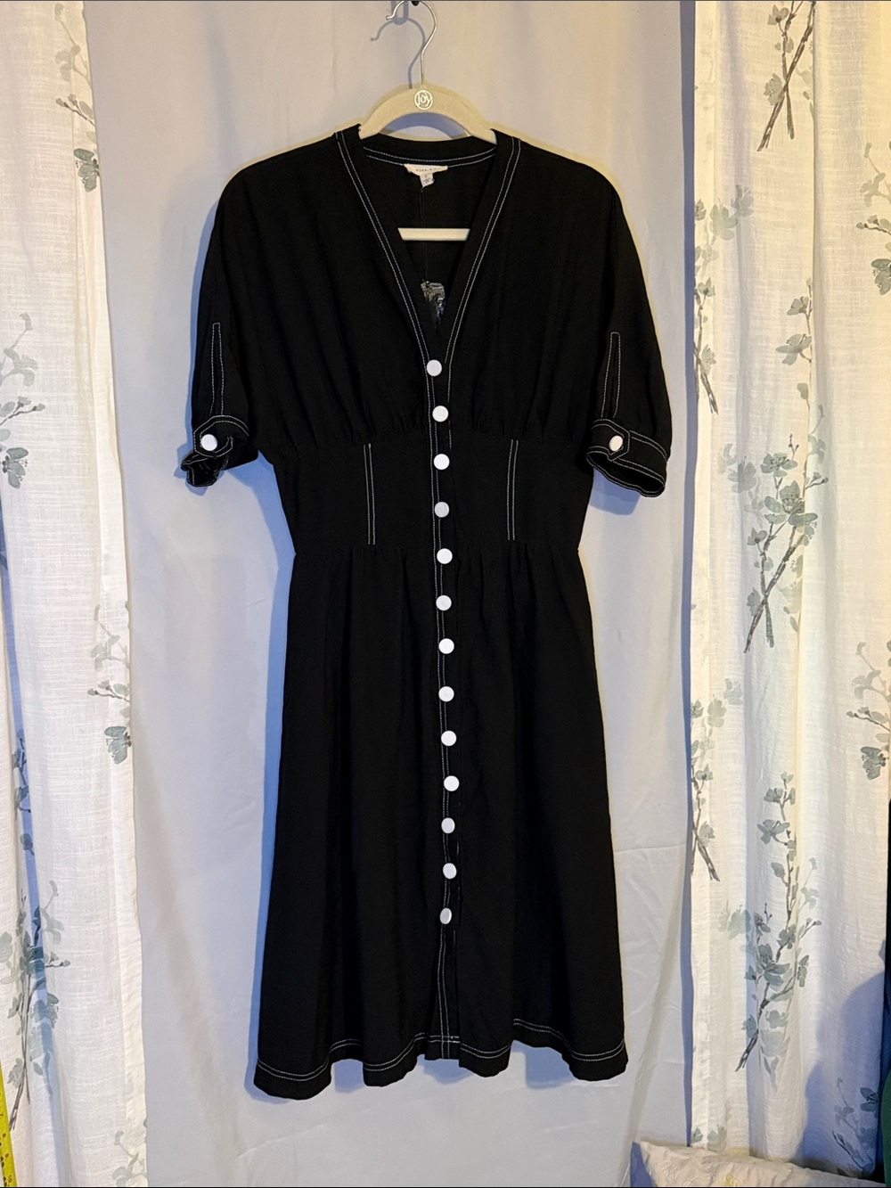 Black Button-Front Midi Dress with Contrast Stitching
